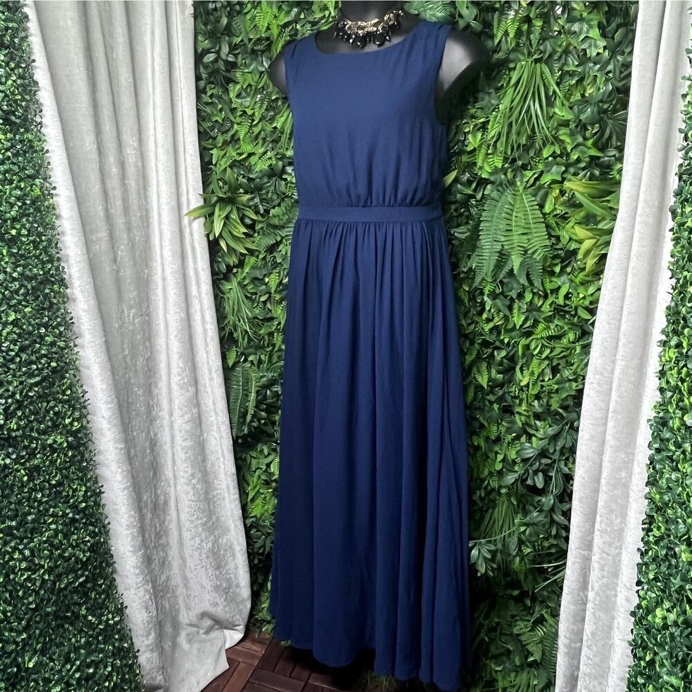 PAPER CROWN Dress Women Large Blue Flowy Tori Gown Crepe Bridesmaid Wedding 2704